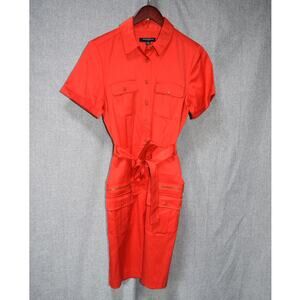 Sharagano Red Orange Utility Belted Shirt Dress Size 10